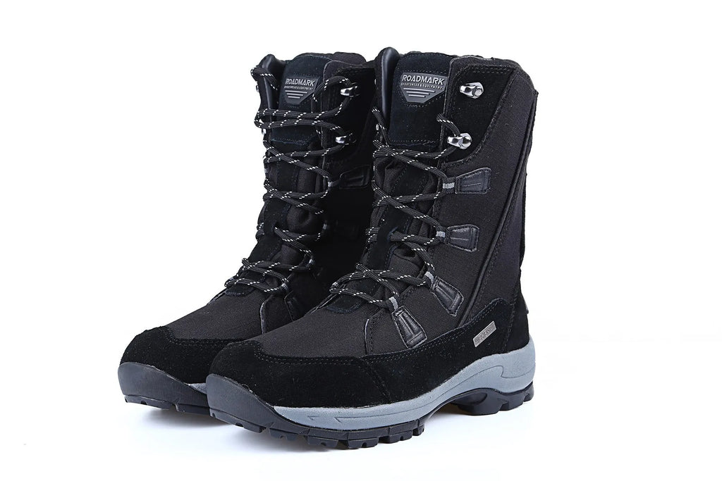 Women's black genuine leather mid-calf thermal snow boots with round toe and rubber sole