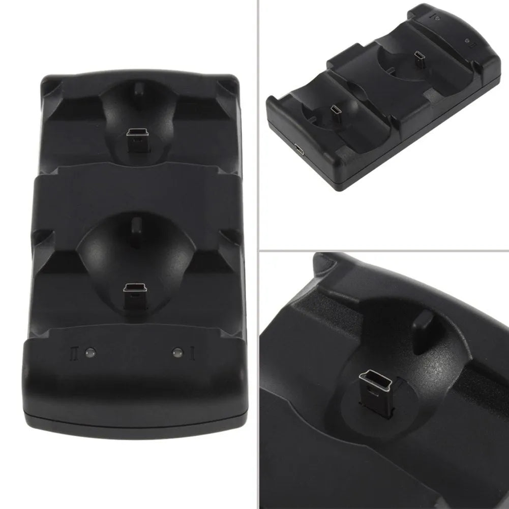 Black PlayStation 3 dual controller charging dock with USB cable