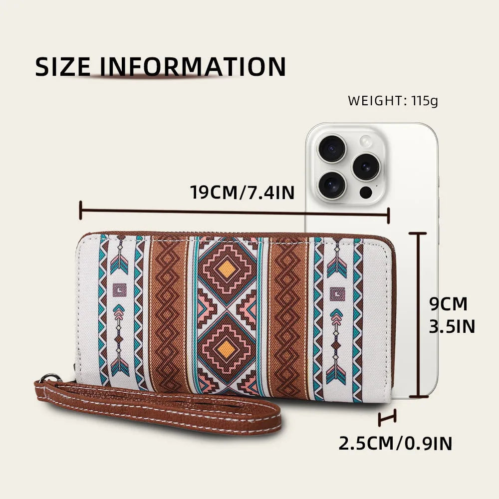 Bohemian striped pattern canvas RFID wallet showing interior and exterior dimensions of 20x10x2cm