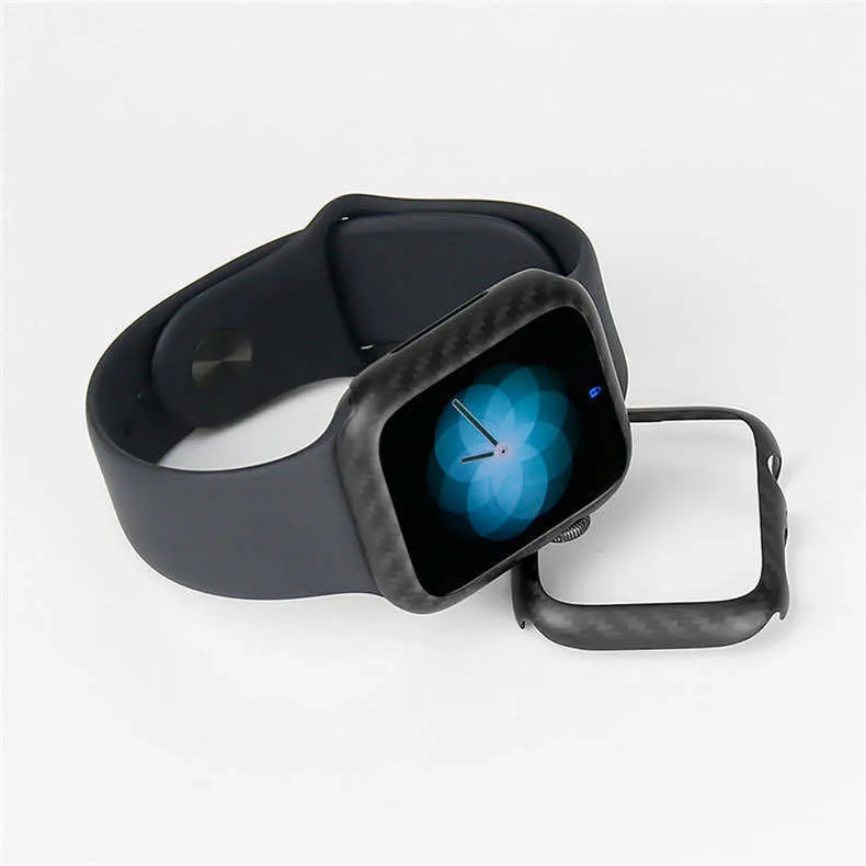 Apple Watch 4 carbon fibre case with half wrap leather construction in 44mm size