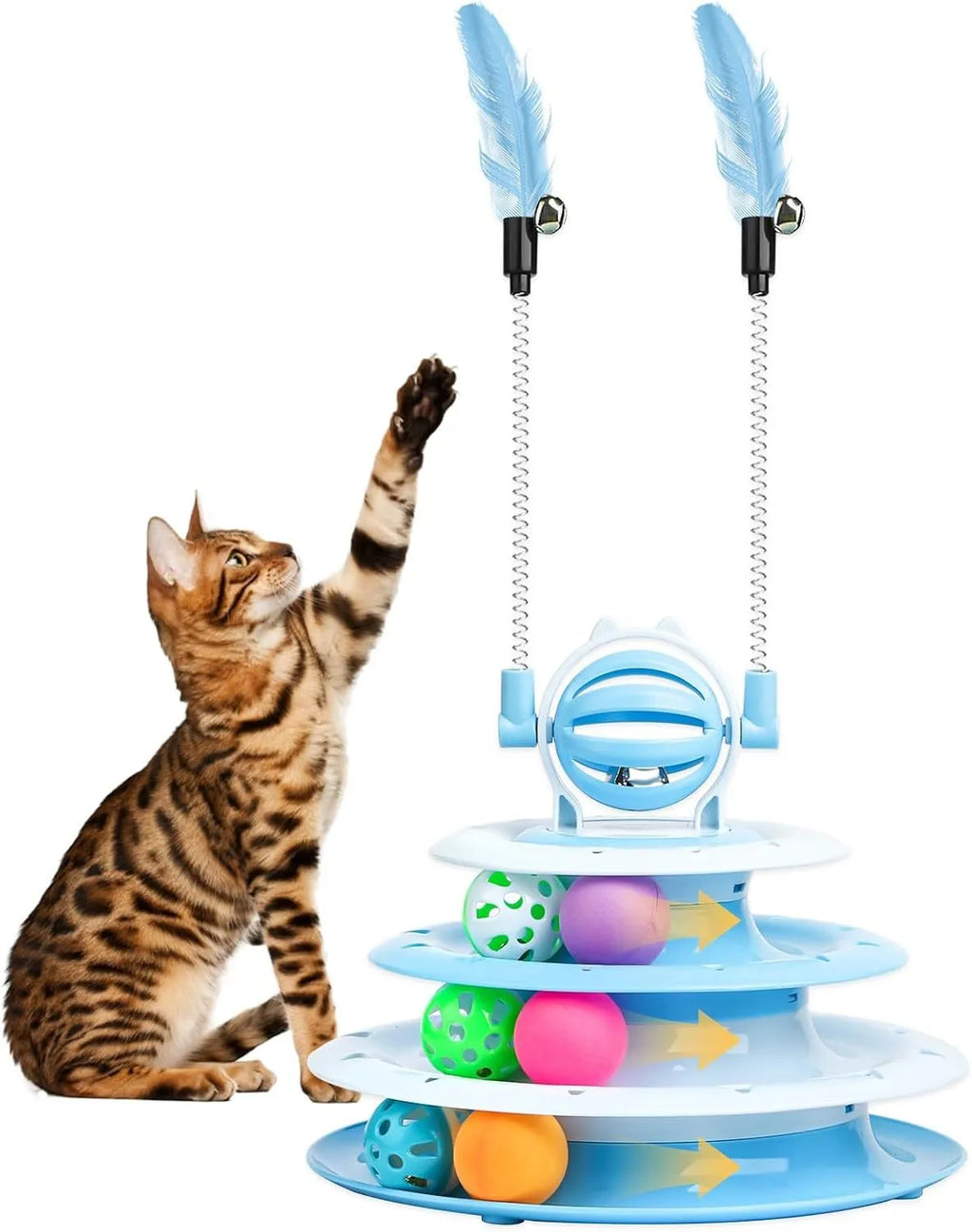Blue four-tier interactive cat puzzle toy with rolling balls and teaser rods on a table.