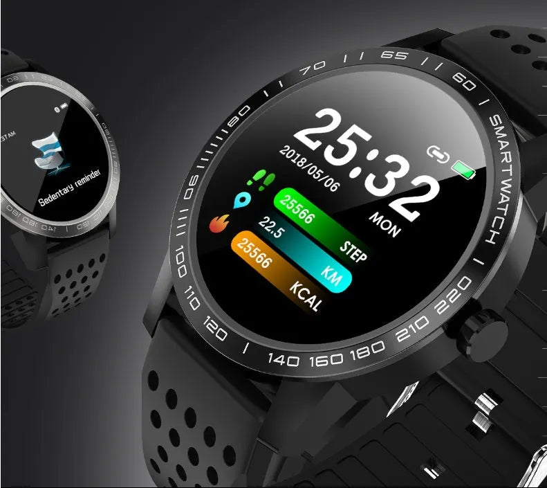 Black smart bracelet with colour screen displaying heart rate and fitness data on wrist