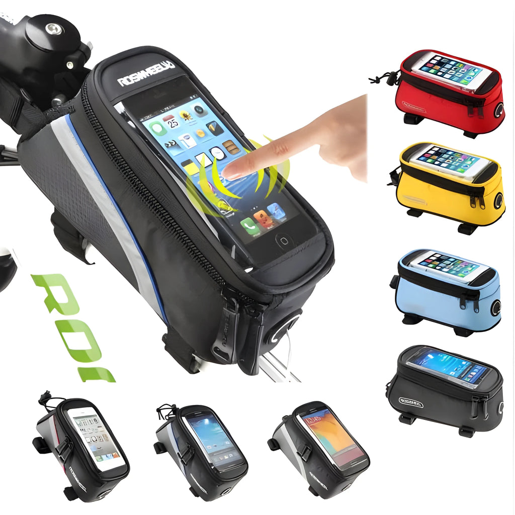 ROSWHEEL waterproof PVC bicycle frame bag for mobile phones, mounted on a bike, shown in black.