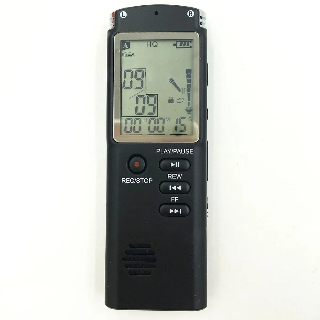 Compact black USB voice recorder for professional telephone and microphone audio recording.