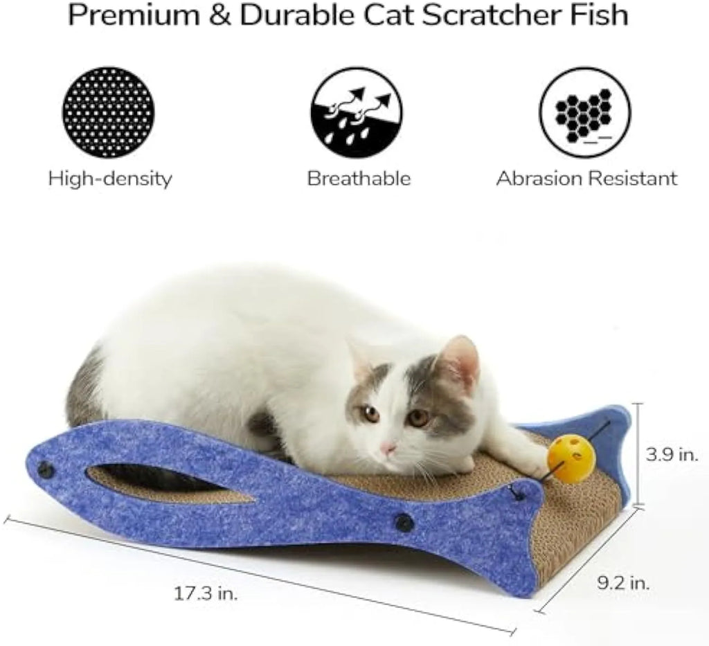 Blue fish-shaped cat scratcher cardboard lounge with bell toy and wavy surface for indoor cats