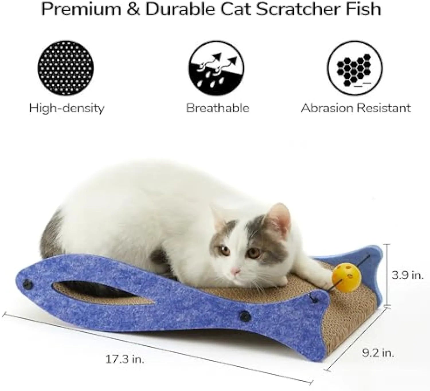 Blue fish-shaped cat scratcher cardboard lounge with bell toy and wavy surface for indoor cats