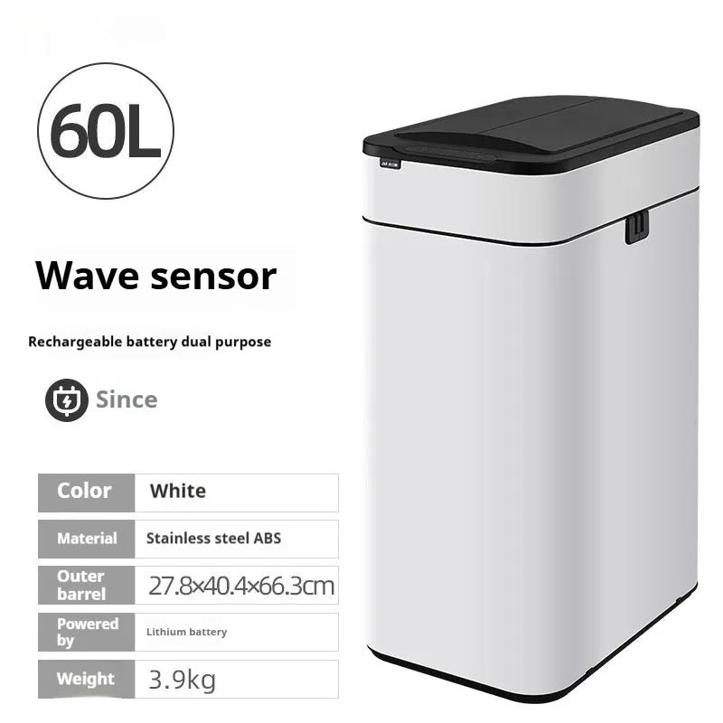 Stainless steel inductive smart trash can with square bucket design and sensor lid.