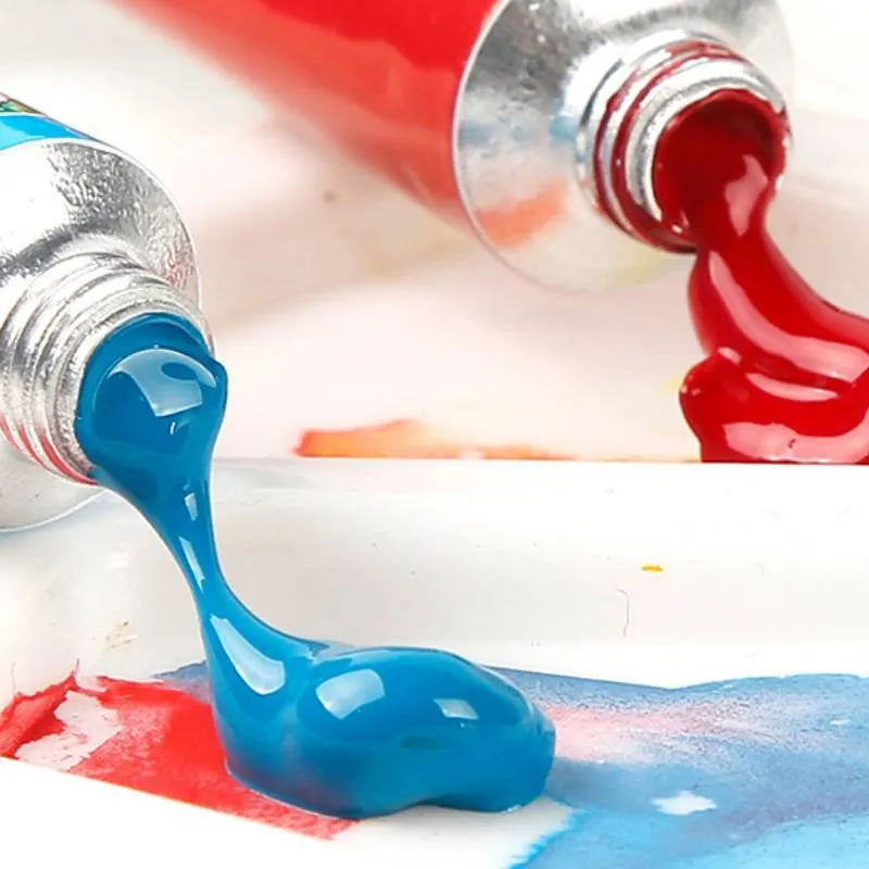 Gouache paint sets showing 12, 18 and 24 colour options with individual paint tubes
