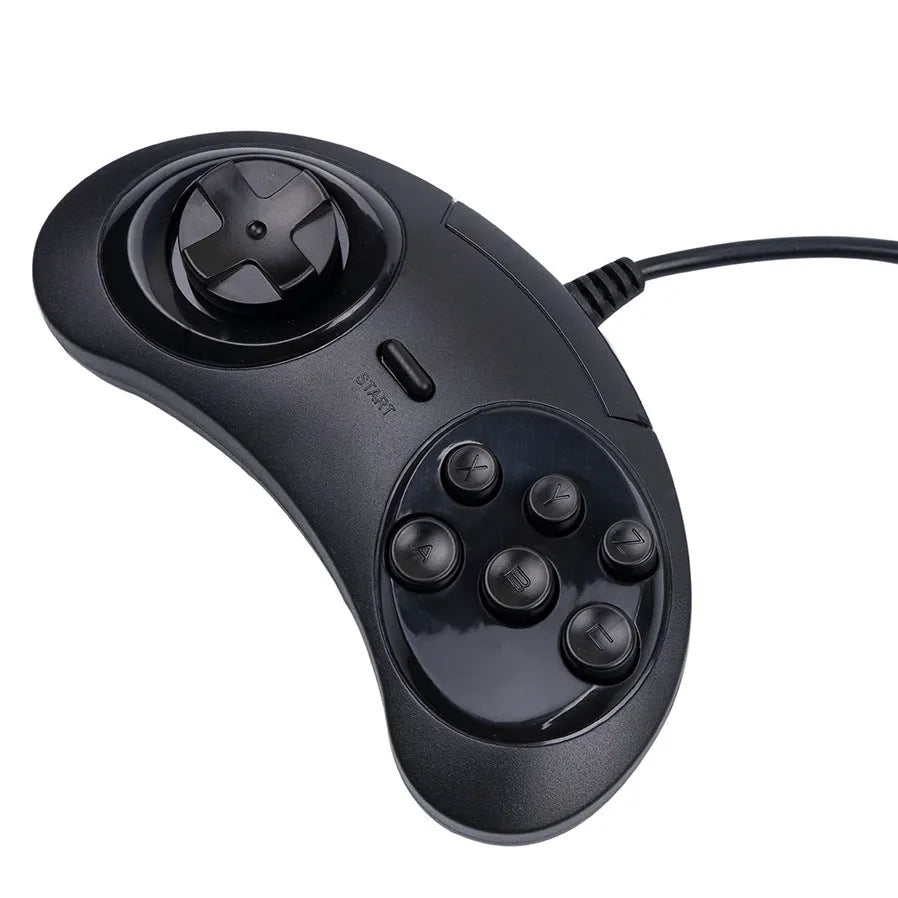 Black Sega USB PC game controller with 1.8-metre cable on grey background