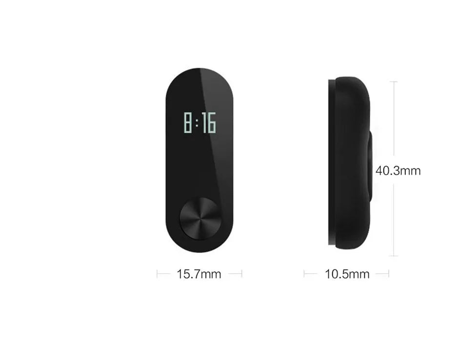 Black Xiaomi Mi Band 2 fitness tracker with OLED screen on an adjustable thermoplastic wrist strap.