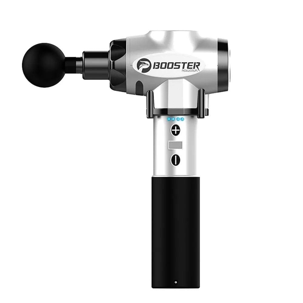 Black and white percussion muscle massager with adjustable speed control and 12mm stroke depth