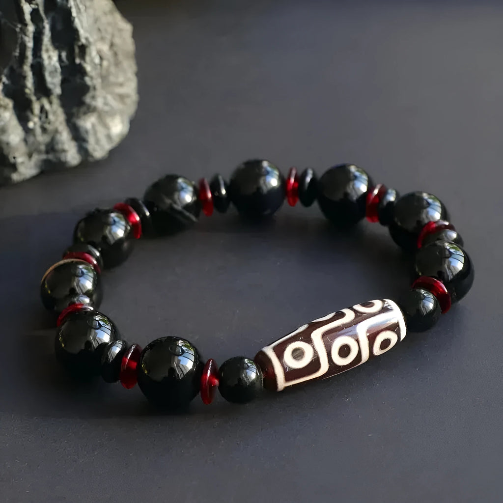 Hand-woven black agate Dzi bead bracelet with 11mm geometric chalcedony stones in national style