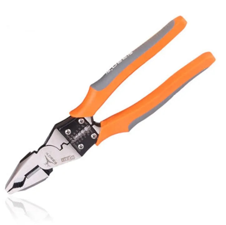 Orange multi-function wire cutter pliers with chrome steel jaws and textured PVC handles.