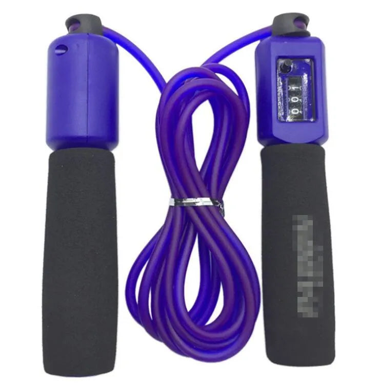 A fitness skipping rope with sponge handles, showing the 3m length and available in black, blue, green, and red colours.
