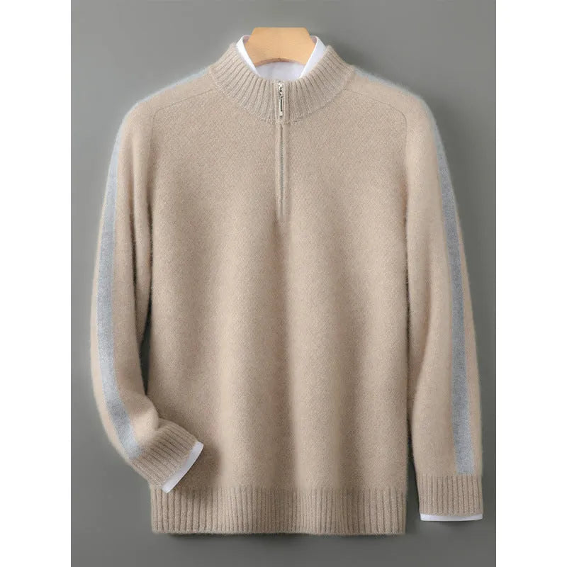 Men's slim fit sheep wool half-zip knitted sweater in Raw Velvet Camel, Pea Green, Gray, and Chinese Red colors