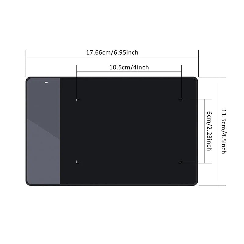 HUION 420 black electronic drawing board with USB connection, 4x2.23 inch work area, and 176 x 115 x 7.5mm body.