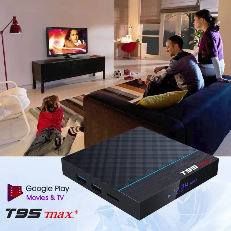 Black T95 Max Plus Android TV box with remote control on a wooden surface.