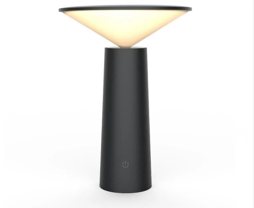 Black USB rechargeable LED table lamp with touch sensor and adjustable flip head on wooden desk