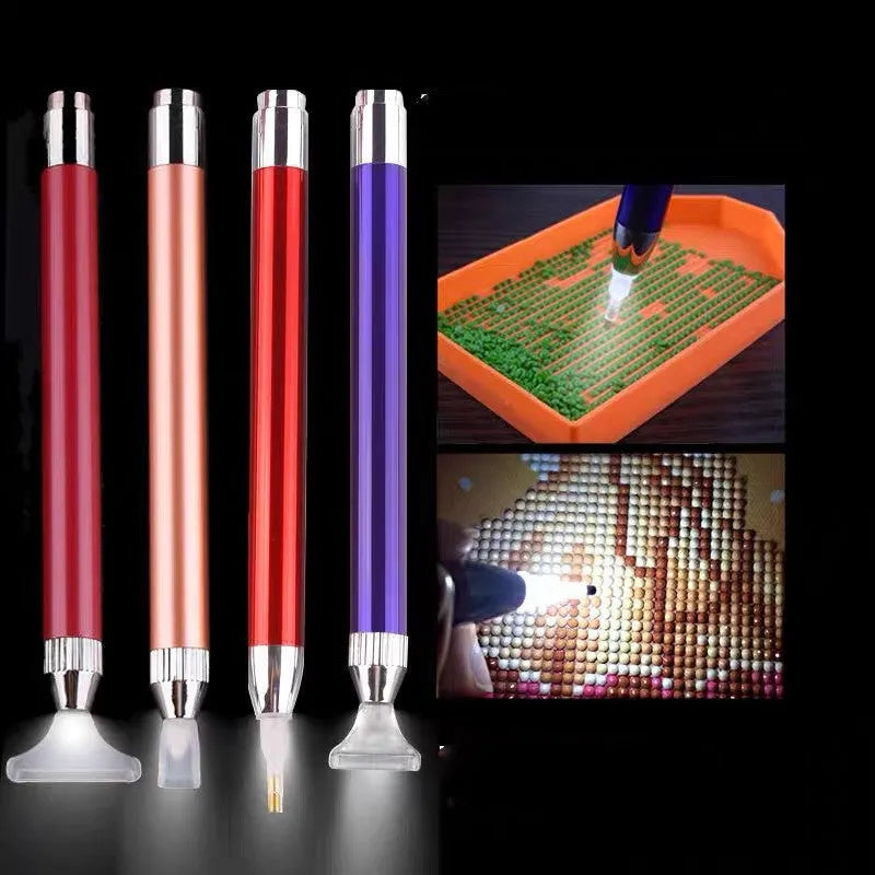 Aluminium alloy luminous single-head diamond painting drill pen in blue, gold, or red colours.