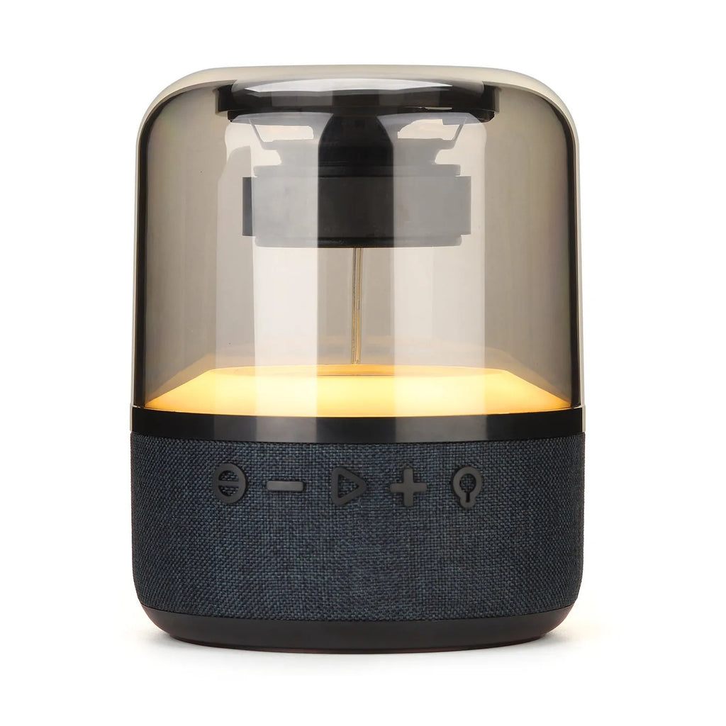 Black wireless Bluetooth speaker with multi-colour LED halo lights glowing around its base.