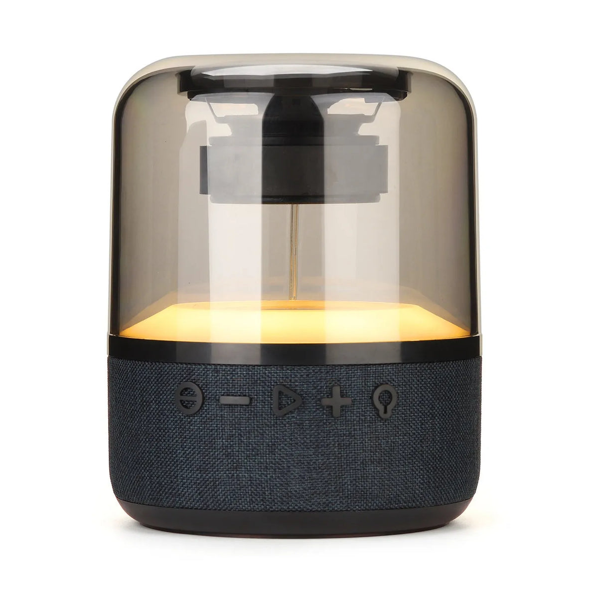 Black wireless Bluetooth speaker with multi-colour LED halo lights glowing around its base.