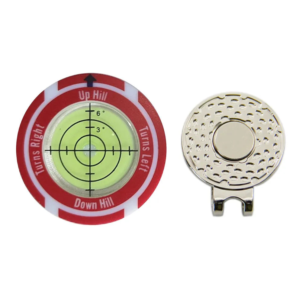 Golf level tool with clip for hat attachment showing position mark indicator