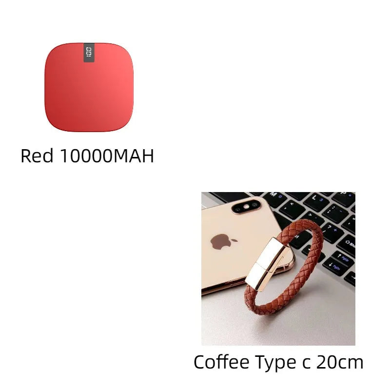 10000mAh mini power bank with LCD display, dual USB ports, and fast input, in red, white, or black.