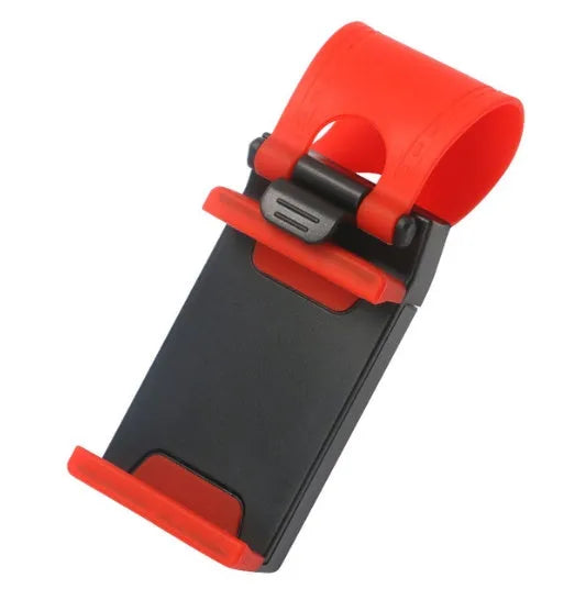 Black universal car steering wheel clip mount holder for mobile phones and GPS devices.