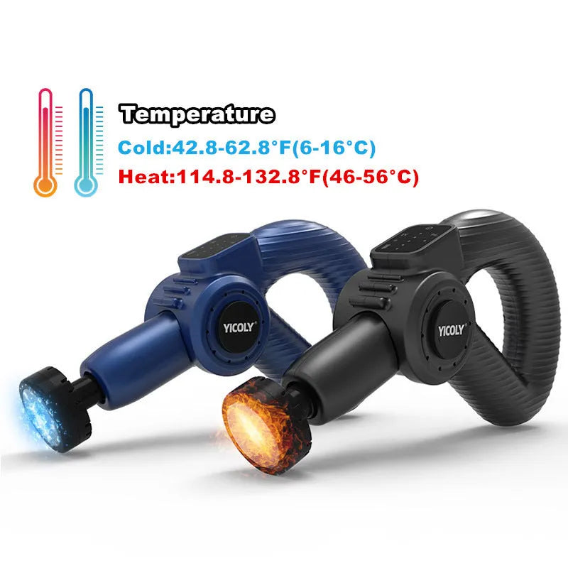Black smart muscle massage gun with five attached massage heads on a table.