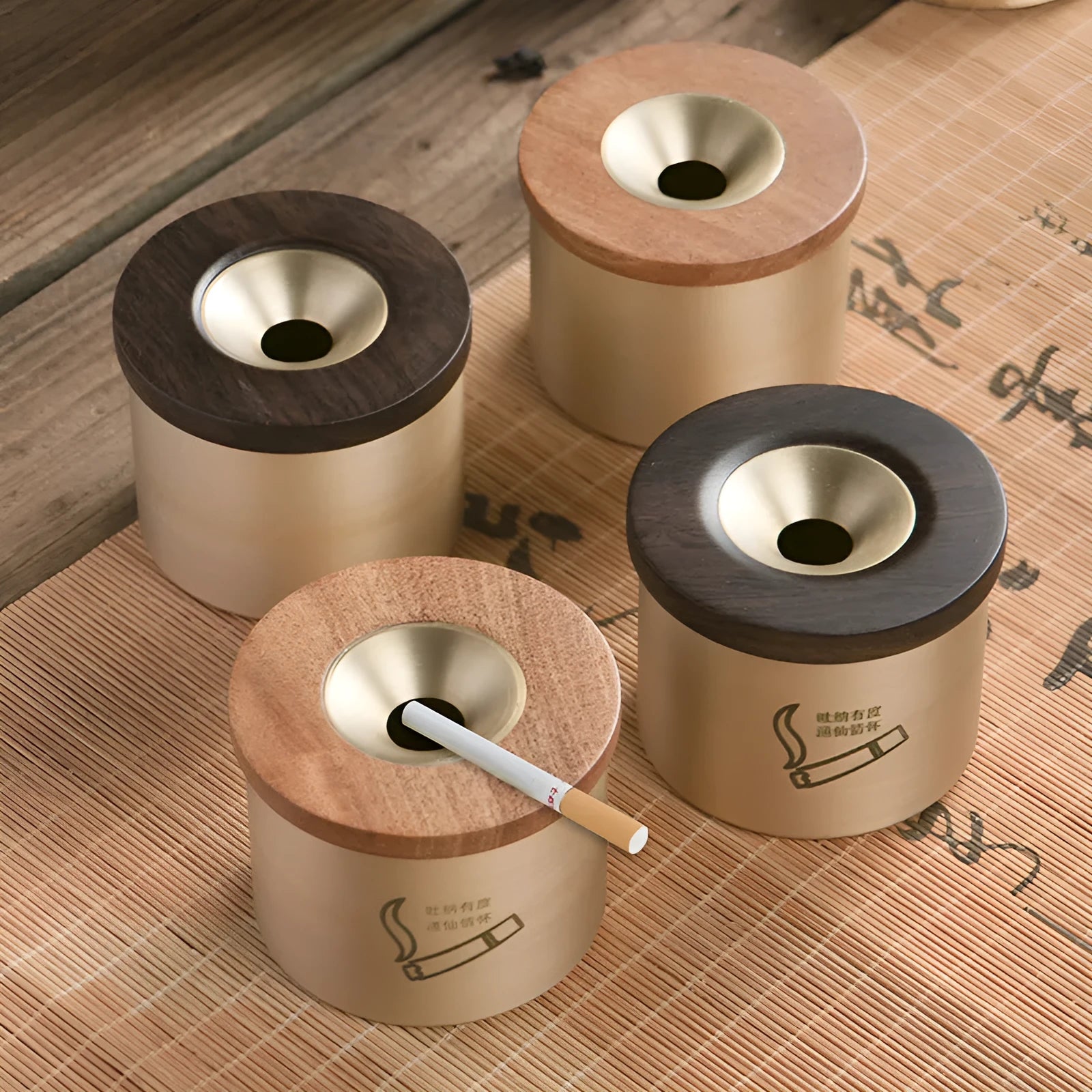 Creative retro brass ashtray with pure copper body and black or rosewood wooden lid featuring a central hole