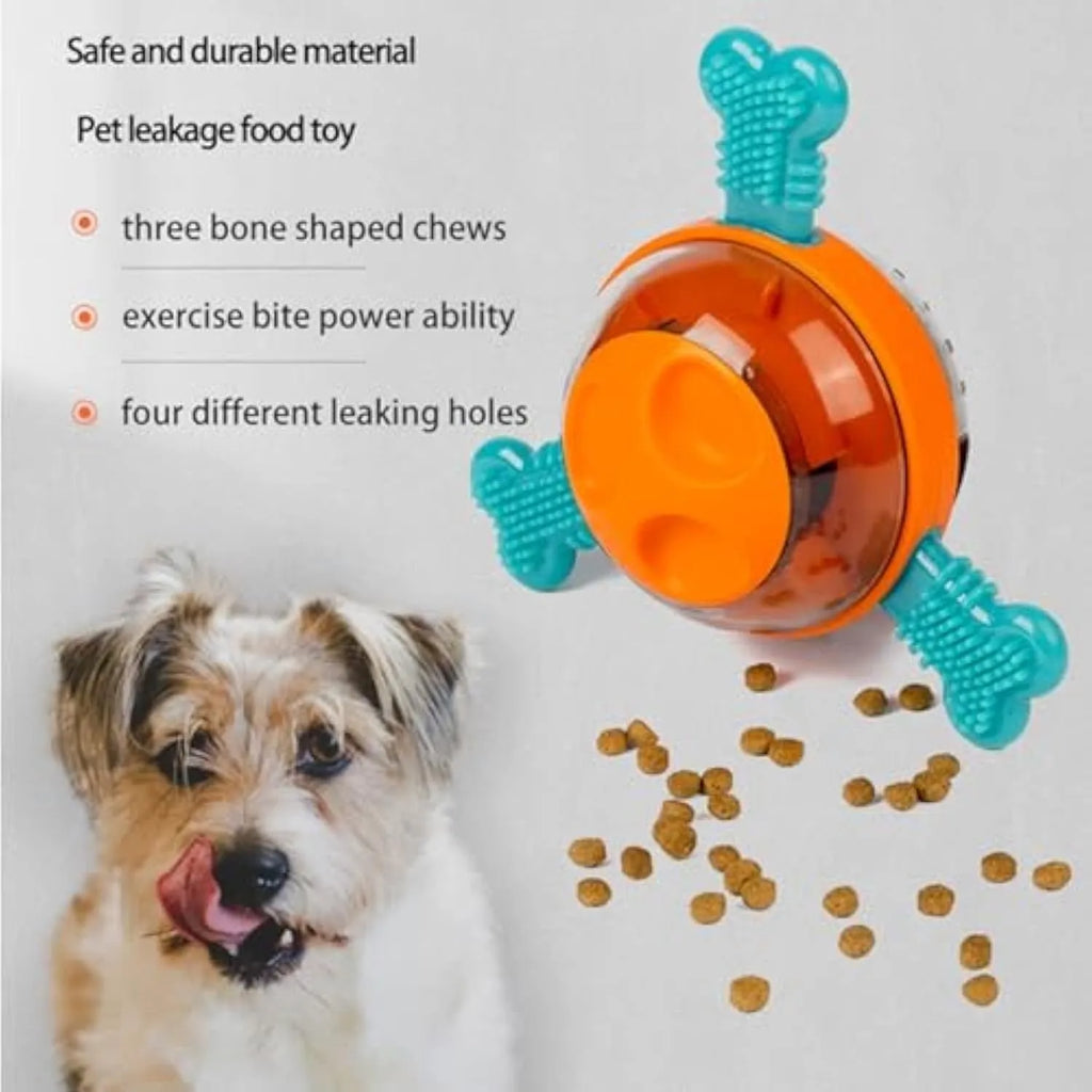 Blue rubber dog chew toy with bone shapes and treat dispenser opening for puppies