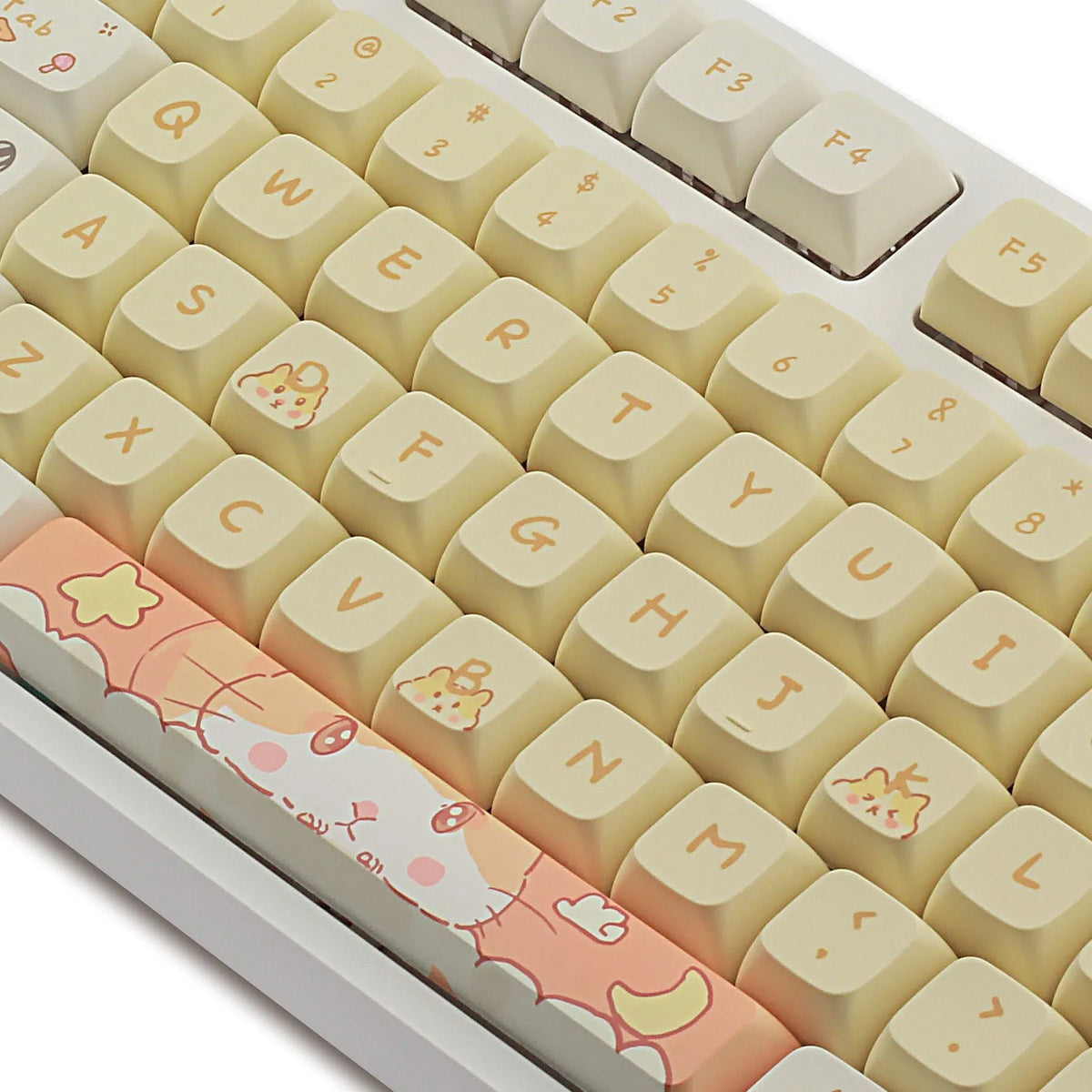 XDA profile mechanical keyboard keycaps in custard colour with mouse grey and yellow designs
