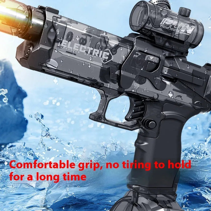 Black and blue automatic electric water pistol with LED lights, shown ready for a summer water fight.