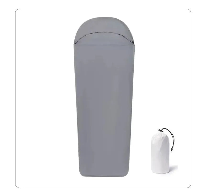 Blue or green nylon mummy camping sleeping bag showing 210 cm length and portable packed size