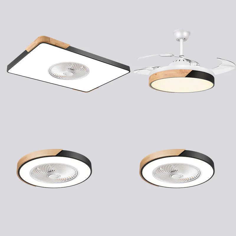 Nordic ceiling fan light with solid wood frame and white PVC lampshade, shown in rectangular, round, and square shapes.