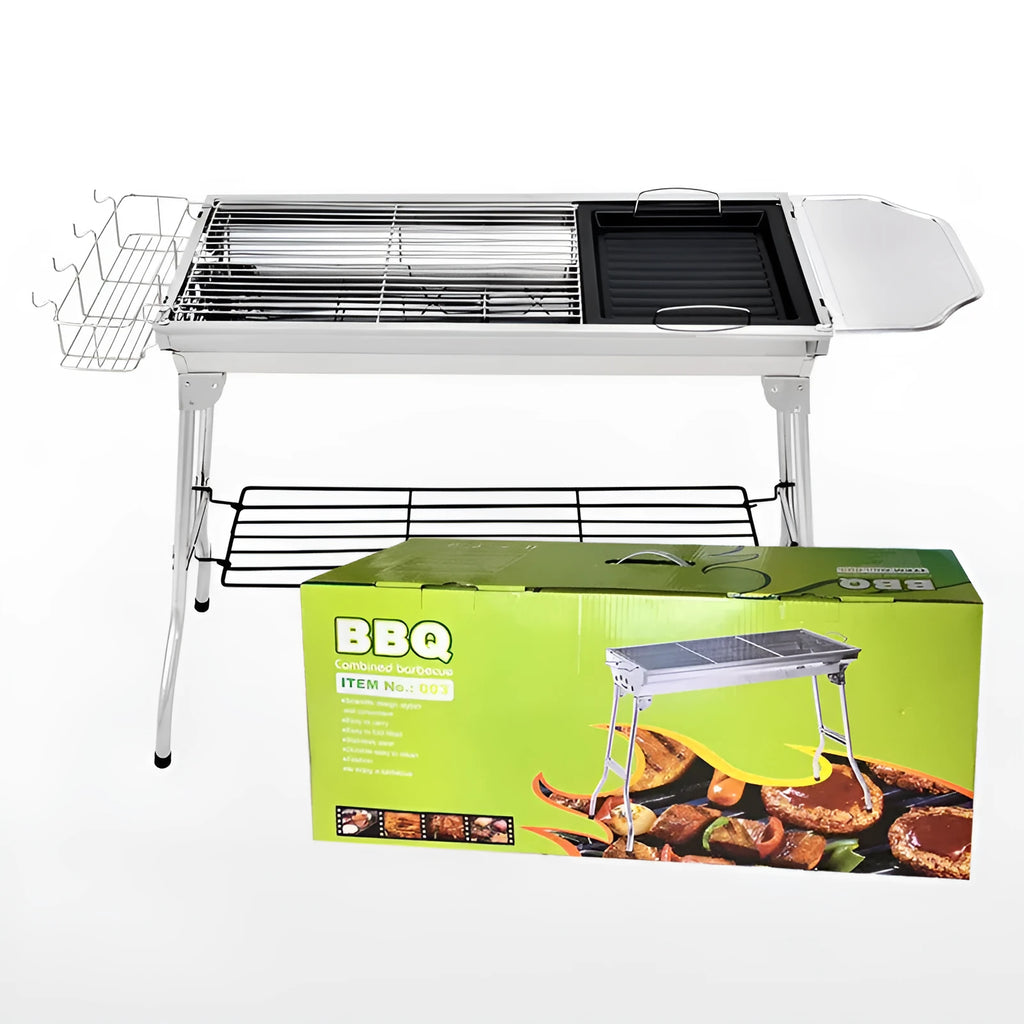 Stainless steel portable folding barbecue oven with grill, dimensions 73x33.5x70cm.