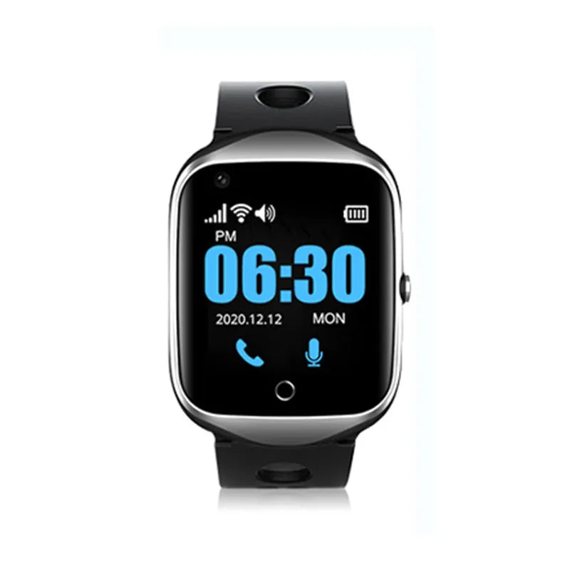 Silver intelligent phone watch for elderly with square screen and silicone strap on wrist