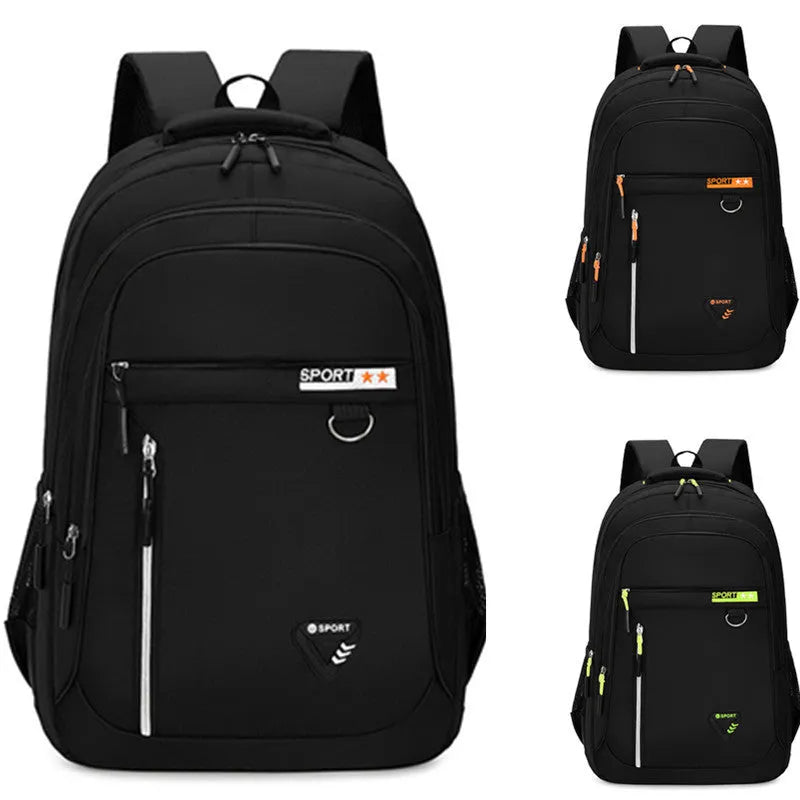 Men's Oxford cloth schoolbag in black with letter pattern, showing large capacity and air pillow straps