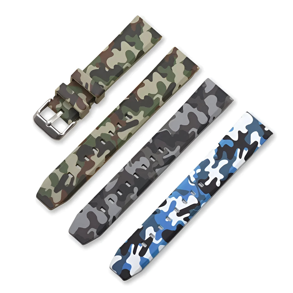 Camouflage patterned silicone watch strap showing blue, grey, and green colour options in 20mm, 22mm, and 24mm widths