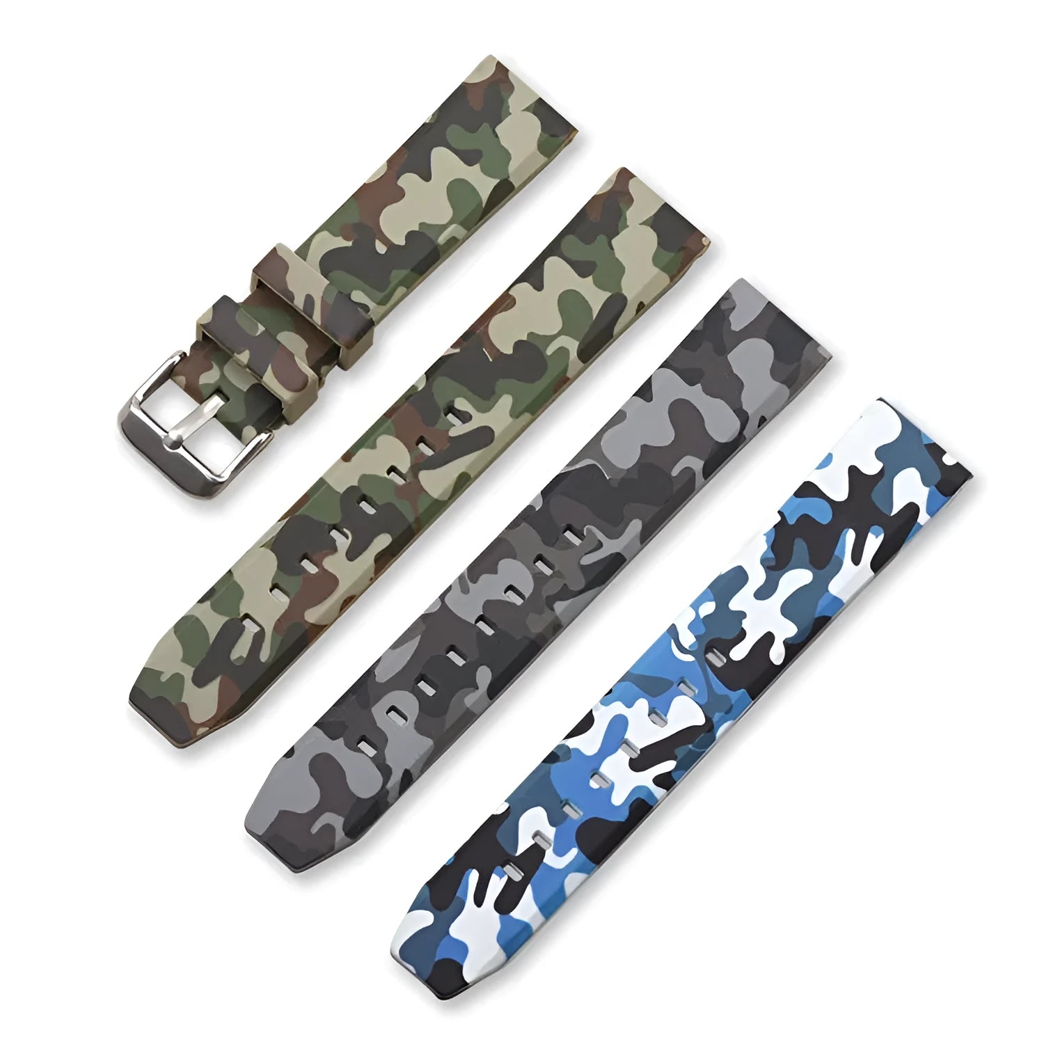 Camouflage patterned silicone watch strap showing blue, grey, and green colour options in 20mm, 22mm, and 24mm widths