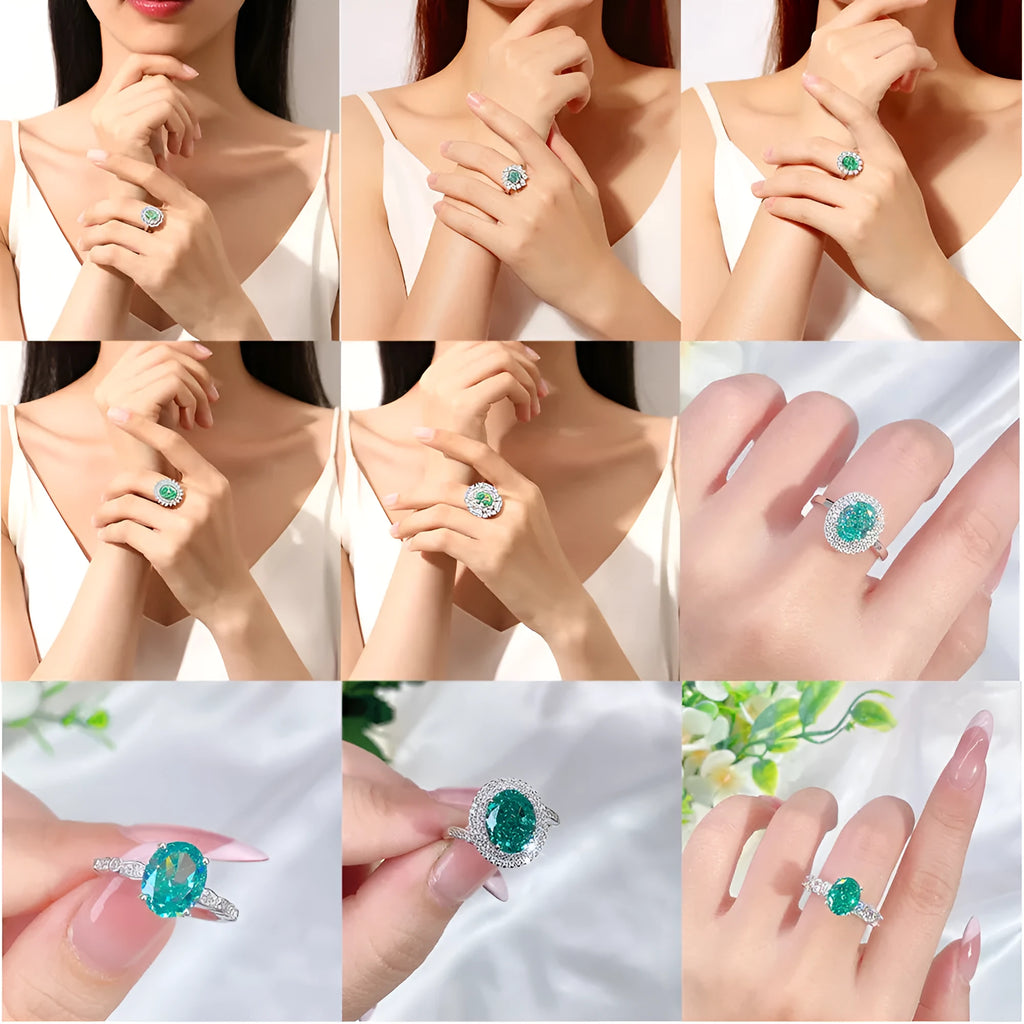 Geometric S925 sterling silver women's ring with an emerald stone and high carbon diamond inlay.