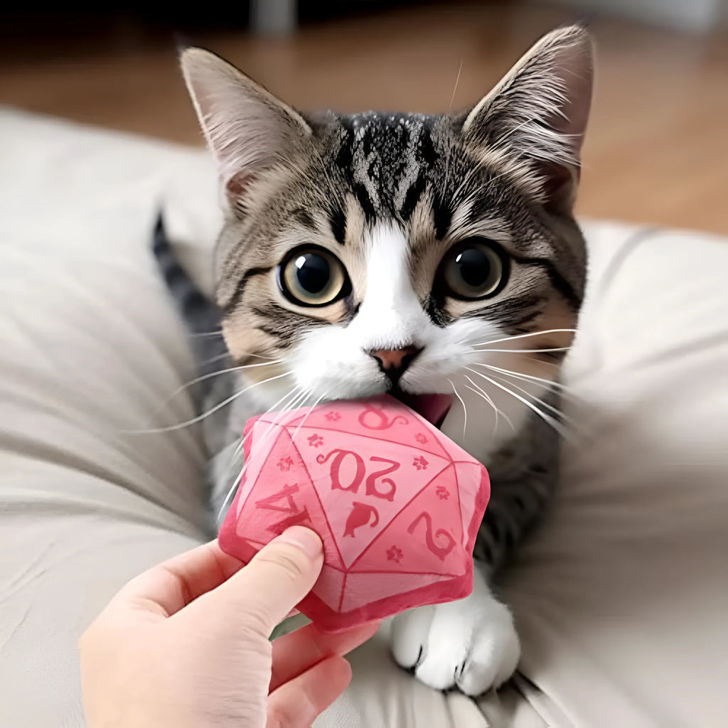 Blue dice-shaped catnip toy with organic catmint filling for interactive feline play