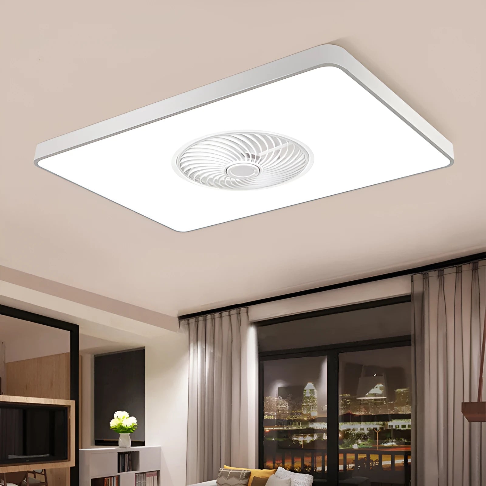 Nordic ceiling fan light with solid wood frame and white PVC lampshade, shown in rectangular, round, and square shapes.