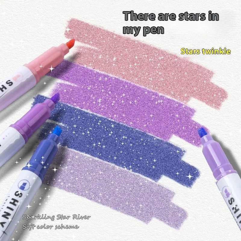 Four glitter fluorescent highlighter pens with slanted tips shown in a set.