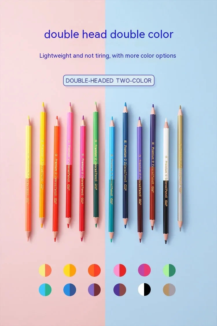 Set of wooden colour pencils with double-head brush leads in 6-piece or 12-piece set options.