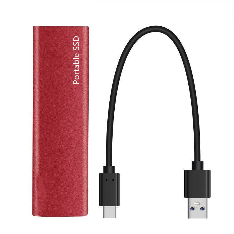Ultra-thin metal external mobile SSD in red, black, blue, or silver colour options on a plain background.