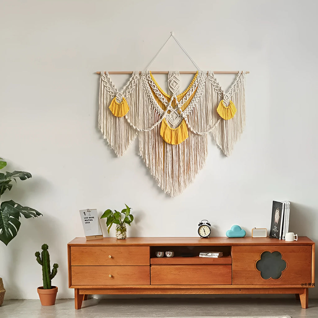 Hand-woven creamy white cotton tapestry with rectangular shape and textured surface