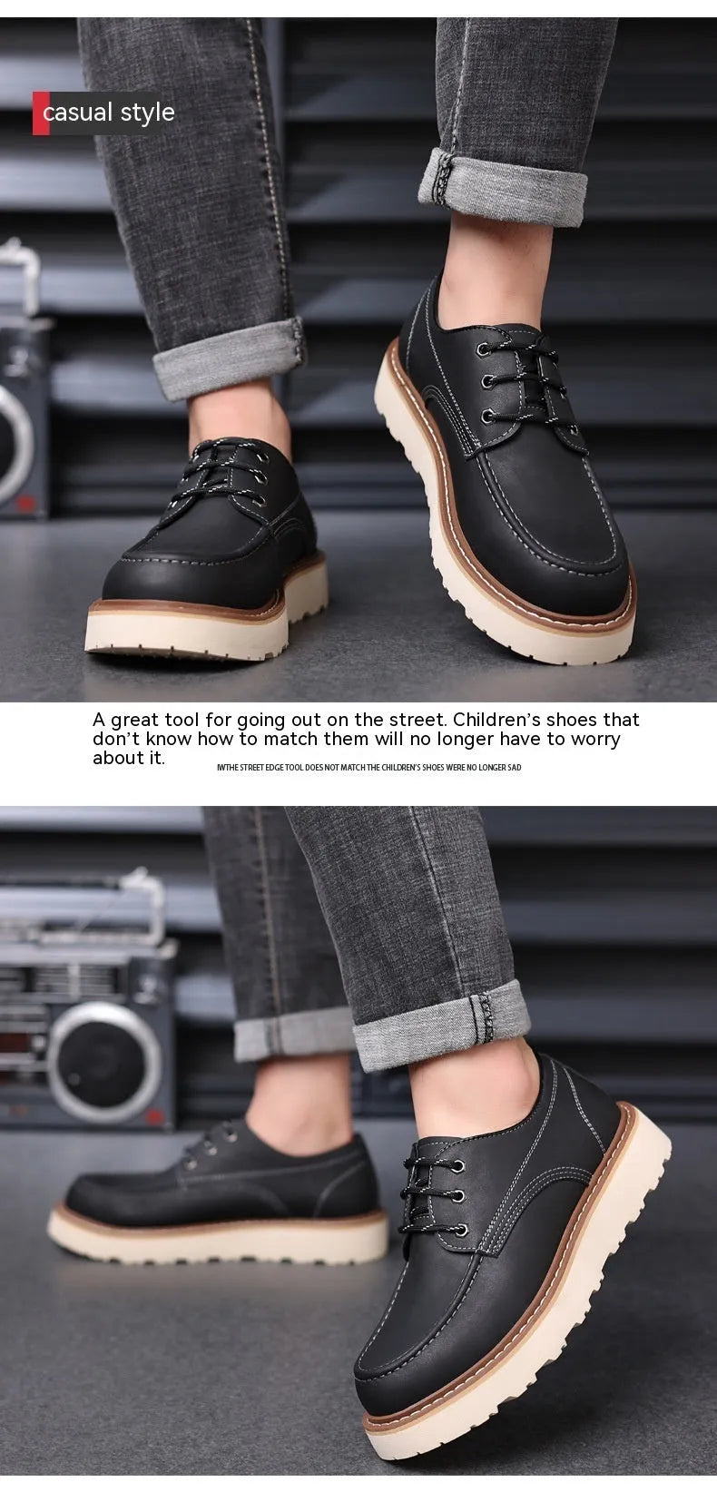 Men's black retro Martin boots with a low top, round toe, and non-slip rubber sole on a plain background.
