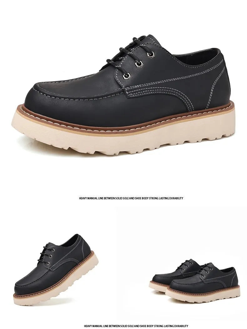 Men's black retro Martin boots with a low top, round toe, and non-slip rubber sole on a plain background.