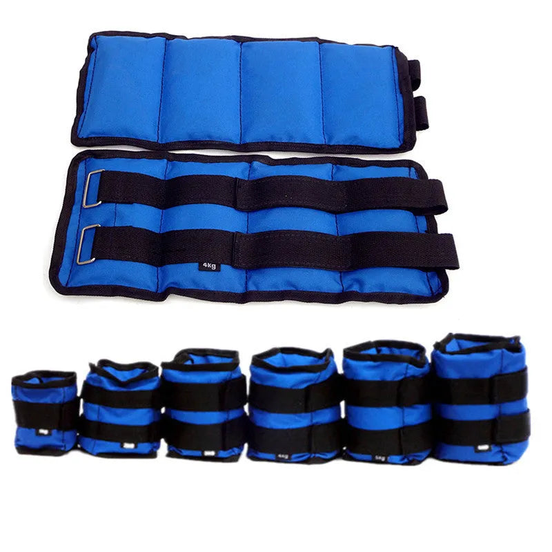 A pair of Oxford cloth legging sandbag weights for athletic training, shown with weight options from 1kg to 6kg.